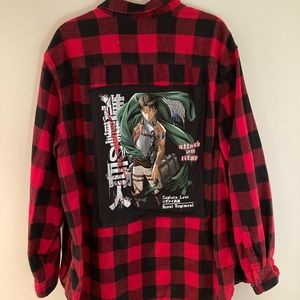 Upcycled Attack on Titans anime flannel shirt.